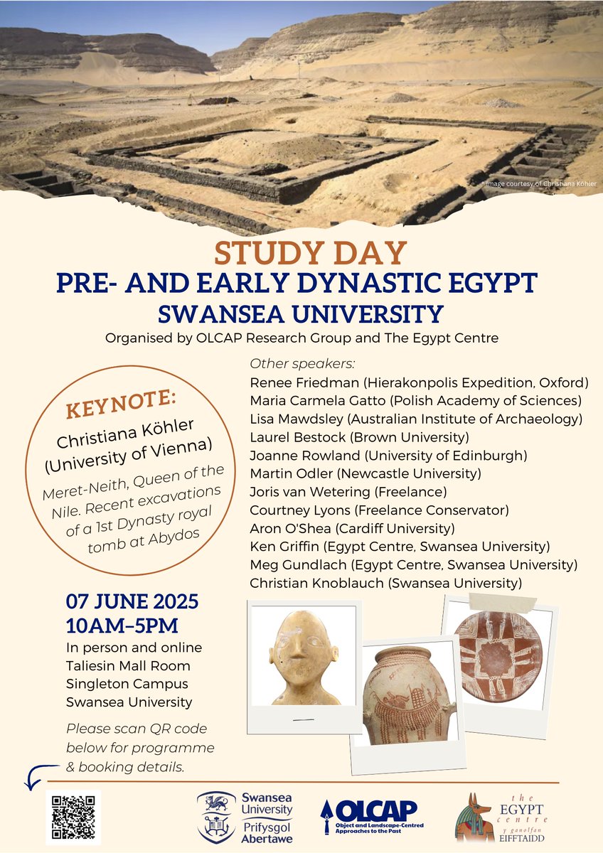 Very excited to be hosting these amazing scholars in Swansea on the 7th of June for an in-depth study day on Pre - and Early Dynastic Egypt. To participate online, scan the QR code or register at sites.swansea.ac.uk/egyptcentre/ea…
Attendance online and in-person is free.
