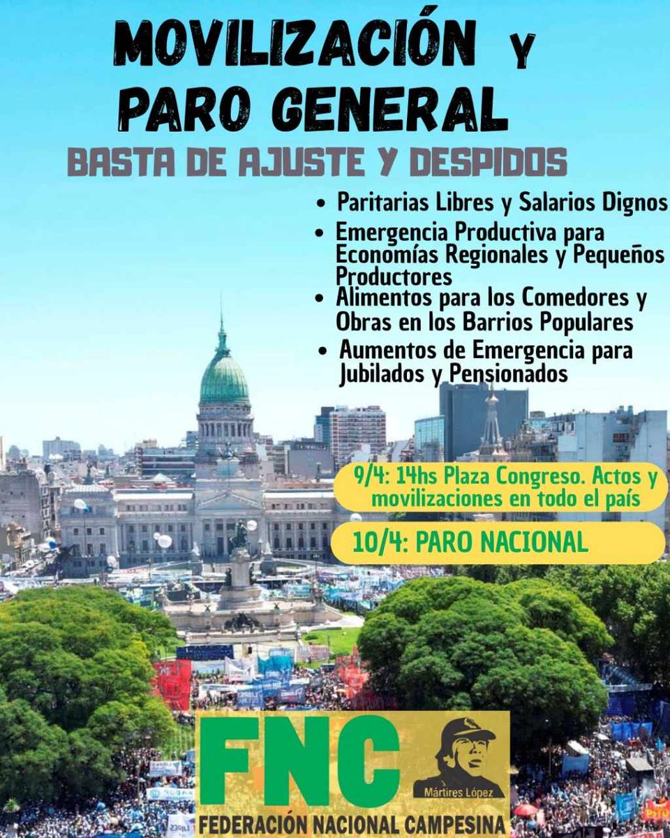 Contra la política de Ajuste, Entrega y Represión del gobierno de Milei. 
Desde la ACT Y FNC convocamos junto con la CGT, demás gremios, movimientos sociales y organizaciones agrarias al Paro Nacional de 36hs con movilizaciones en Plaza Congreso y en todo  el  país