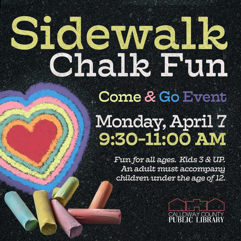 We’re Kicking Off Spring Break (and National Library Week) With a Morning of Sidewalk Chalk Fun!

Join us on CCPL’s front porch for this creative, fun event! Let’s see what creations you can make celebrating Spring &amp; Your Library!

#callowaycountylibrary