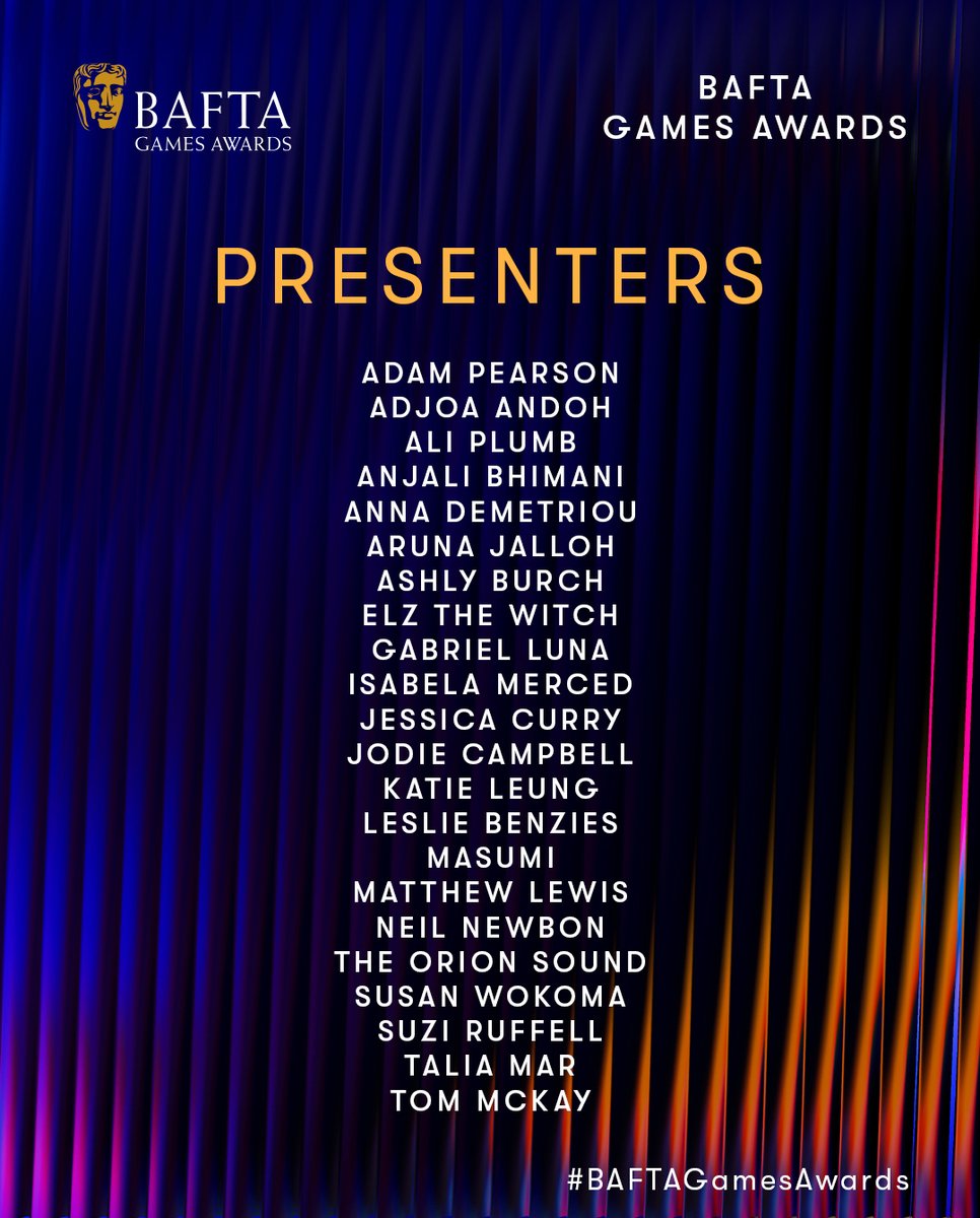 BAFTAGames's tweet image. Presenting this year’s AMAZING  #BAFTAGamesAwards presenters✨

Watch the BAFTA Games Awards LIVE Tuesday 8 April |  7PM BST |  11AM PDT | 2PM EDT |@YouTube &amp;amp; @Twitch