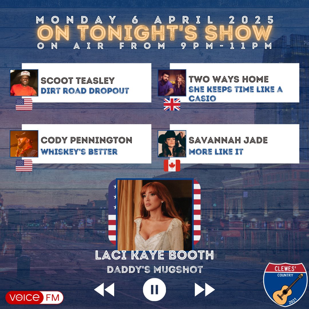 Clewes’ Country UK (@clewescountryuk) on Twitter photo We’ve got ‘Daddy’s Mugshot’ on repeat right now as well as some extra slices of New Country tonight! 😳
✅ Scoot Teasley
✅ <a href="/TwoWaysHome/">Two Ways Home</a>
✅ <a href="/codypennington/">Cody Pennington</a>
✅ <a href="/ItsSavannahJade/">Savannah Jade</a>
➕ NEW from <a href="/lacikayebooth/">Laci Kaye Booth</a>!
Join us on <a href="/voicefmradio/">Voice FM Radio</a> from 9pm BST ✌️ We’ve got ‘Daddy’s Mugshot’ on repeat right now as well as some extra slices of New Country tonight! 😳
✅ Scoot Teasley
✅ <a href="/TwoWaysHome/">Two Ways Home</a>
✅ <a href="/codypennington/">Cody Pennington</a>
✅ <a href="/ItsSavannahJade/">Savannah Jade</a>
➕ NEW from <a href="/lacikayebooth/">Laci Kaye Booth</a>!
Join us on <a href="/voicefmradio/">Voice FM Radio</a> from 9pm BST ✌️