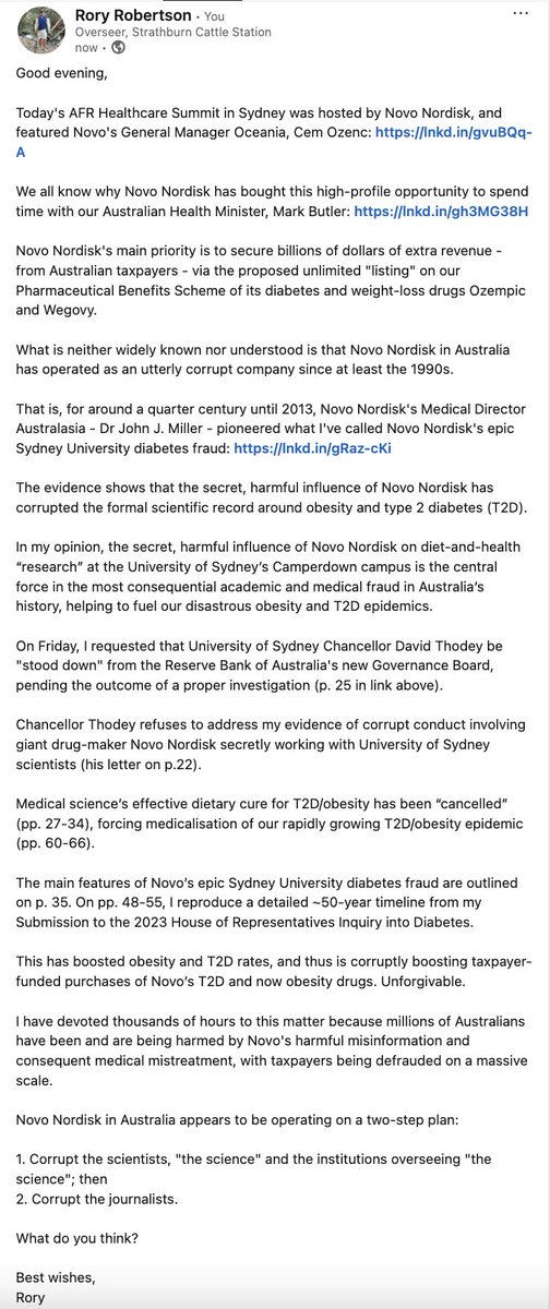 Just posted for the first time on Linkedin. Will it sink like a lead balloon?

Key document: australianparadox.com/pdf/RR_letter_…

Good evening,

I note that today's AFR Healthcare Summit in Sydney was hosted by Novo Nordisk, and featured Novo's General Manager Oceania, Cem Ozenc: