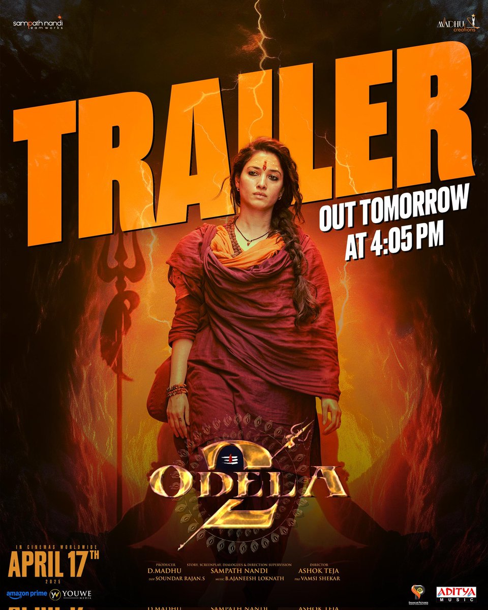 It is time for the divine to rise ✨

#Odela2Trailer out tomorrow at 4:05 PM ❤️‍🔥

#Odela2 GRAND WORLDWIDE RELEASE ON APRIL 17th.

#Odela2onApril17 

<a href="/tamannaahspeaks/">Tamannaah Bhatia</a> <a href="/IamSampathNandi/">Sampath Nandi</a> <a href="/ashokalle2020/">alle_ashok_teja</a> <a href="/ihebahp/">Hebah Patel</a> <a href="/ImSimhaa/">Vasishta N Simha</a> <a href="/AJANEESHB/">B AJANEESH LOKNATH</a> <a href="/soundar16/">soundar rajan</a> @Neeta_lulla <a href="/SampathNandi_TW/">Sampath Nandi Team Works</a>