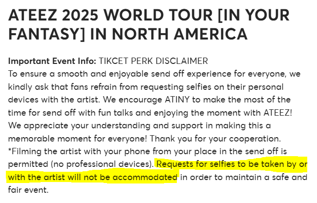 gustereee's tweet photo. @aroharoxy @hongjseob No it says we cant pass the phone off to them for selfies either. This is only showing for the Baltimore show though so maybe its different per show? https://t.co/e8OAtlSvTB