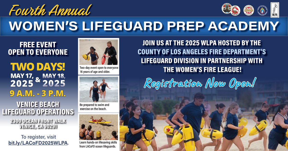Join the Women’s Lifeguard Prep Academy!

This two day academy will be held at Venice Beach on May 17, and 18, 2025. Get the skills you need to be confident and prepared for a career as an ocean lifeguard.

Limited spots available – register today!

🔗bit.ly/LACoFD2025WLPA