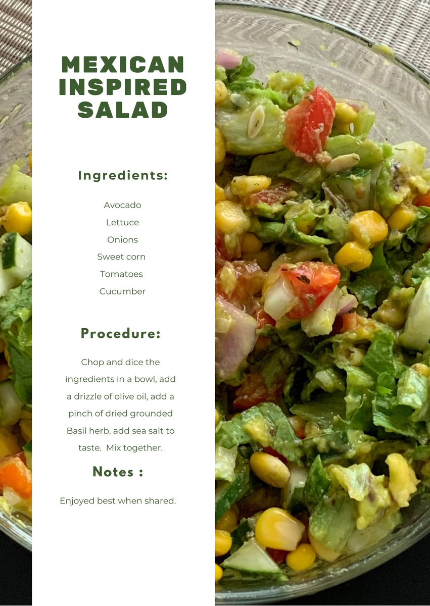 efemenayesioh's tweet photo. LETTUCE as the base
CORN for a sweet crunchy texture.
Diced TOMATOES to provide a juicy &amp;slightly tangy element the salad.
CUCUMBERS for a refreshing crisp texture.
ONIONS for its sharp savory flavor.
AVOCADOS chunks are mixed to give a creamy and rich texture!!

#Nourishhive https://t.co/yyMuEU2324