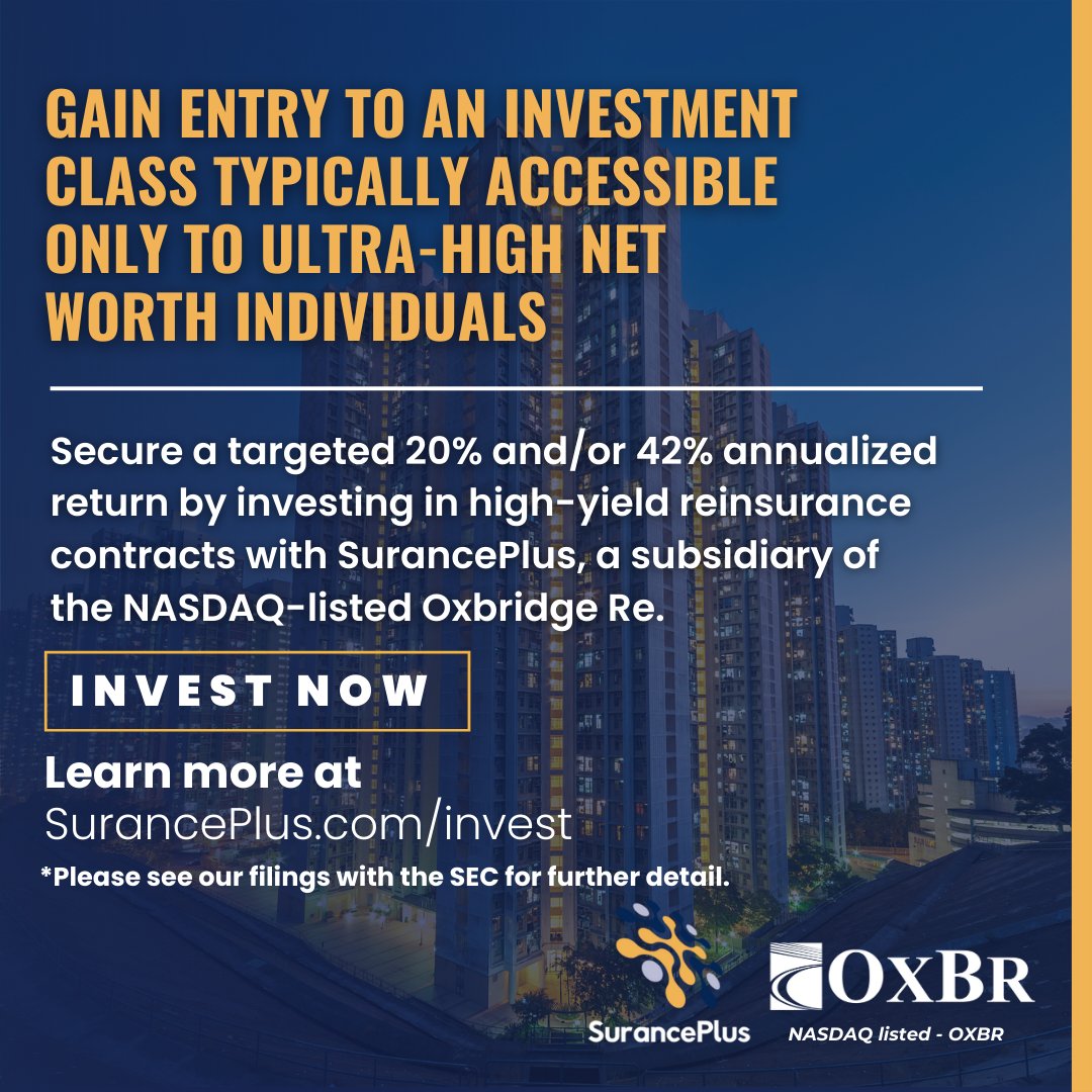 Reinsurance investing has traditionally been reserved for ultra-high-net-worth individuals. Now, you can gain access to this lucrative market with SurancePlus.
Start Today! suranceplus.invest.securitize.io/#/login?redire…

*Further details may be found at Suranceplus.com or our filings with the