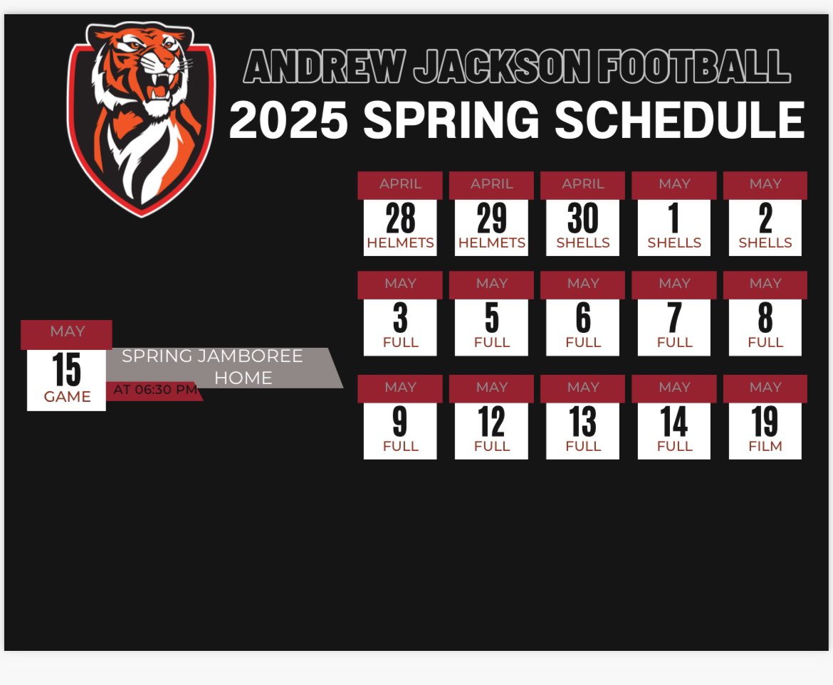 Bobby Ramsay (@coachramsay1) on Twitter photo Spring Football Schedule 2025! #GoTigers #Mainstreet <a href="/DuvalSports/">Duval Sports</a> <a href="/FCNsports/">First Coast Sports</a> <a href="/ActionSportsJax/">BrentDanStuartMarcelAlivia</a> <a href="/JustinBarneyTV/">Justin Barney</a> <a href="/CFreemanJAX/">Clayton Freeman</a> <a href="/FlaHSFootball/">FloridaHSFootball.com</a> <a href="/FHS7v7A/">FLORIDA HIGH SCHOOL 7v7 ASSOCIATION</a> <a href="/dreamkingfilmz/">PHILL-DreamKingFilmz</a> <a href="/A4JaxTigers/">AJHS Tigers Athletics</a> <a href="/LawrenceBl83397/">New Blustein Recruiting</a> <a href="/RecruitingBh/">BH Recruiting Assistance</a> <a href="/H2_Recruiting/">Hasani (H2) | Football Recruiting</a> Spring Football Schedule 2025! #GoTigers #Mainstreet <a href="/DuvalSports/">Duval Sports</a> <a href="/FCNsports/">First Coast Sports</a> <a href="/ActionSportsJax/">BrentDanStuartMarcelAlivia</a> <a href="/JustinBarneyTV/">Justin Barney</a> <a href="/CFreemanJAX/">Clayton Freeman</a> <a href="/FlaHSFootball/">FloridaHSFootball.com</a> <a href="/FHS7v7A/">FLORIDA HIGH SCHOOL 7v7 ASSOCIATION</a> <a href="/dreamkingfilmz/">PHILL-DreamKingFilmz</a> <a href="/A4JaxTigers/">AJHS Tigers Athletics</a> <a href="/LawrenceBl83397/">New Blustein Recruiting</a> <a href="/RecruitingBh/">BH Recruiting Assistance</a> <a href="/H2_Recruiting/">Hasani (H2) | Football Recruiting</a>