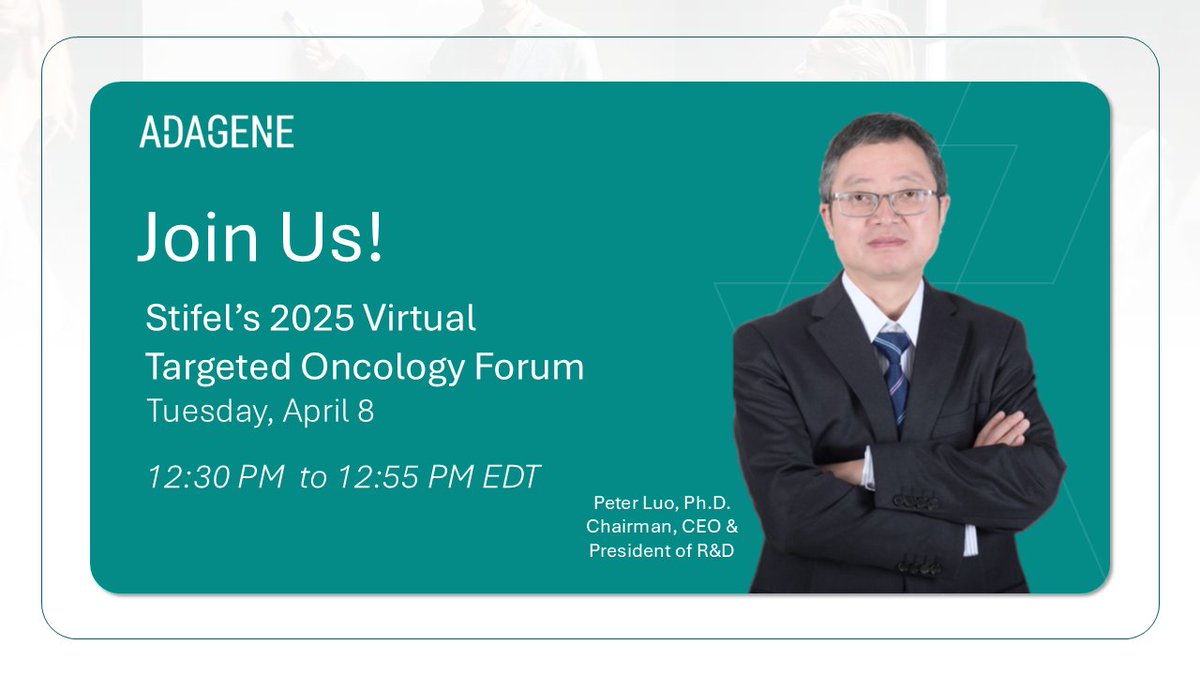 AdageneGlobal's tweet image. Don&apos;t miss Dr. Peter Luo, Adagene CEO, presenting &quot;Breakthrough Immunotherapy in MSS CRC: Novel Mechanism, Modality, and Dosing Drive 33% Confirmed ORR in Phase 1b/2 Trial&quot; at the Stifel 2025 Virtual Targeted Oncology Forum.
Join live here: investor.adagene.com/news-events/ev…