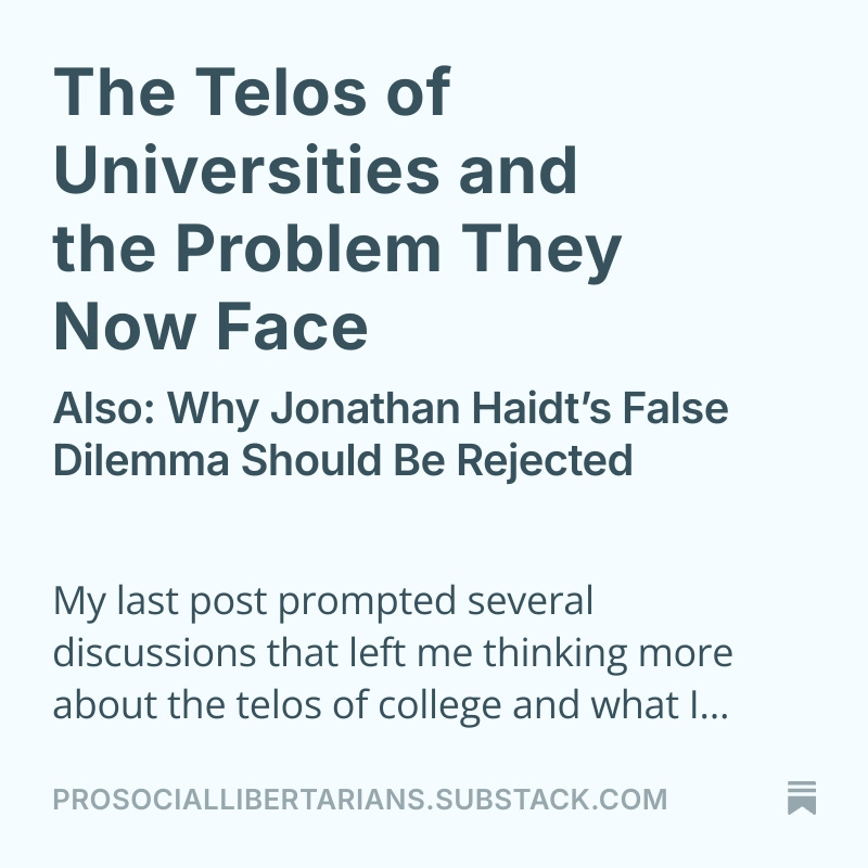 ProLibertarians's tweet image. New post up at PSL, about both the telos of university and the main problem of recent students, beginning with when that telos was ignored.  prosociallibertarians.substack.com/p/the-telos-of…