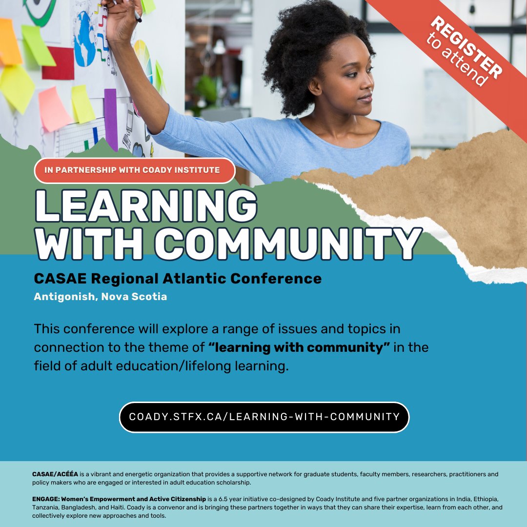 Join us for the #CASAE Regional Atlantic Conference themed "Learning with Community".

🔗coady.stfx.ca/learning-with-…

This conference will explore a range of issues and topics in connection to the theme of learning with community in the field of adult education and lifelong learning.