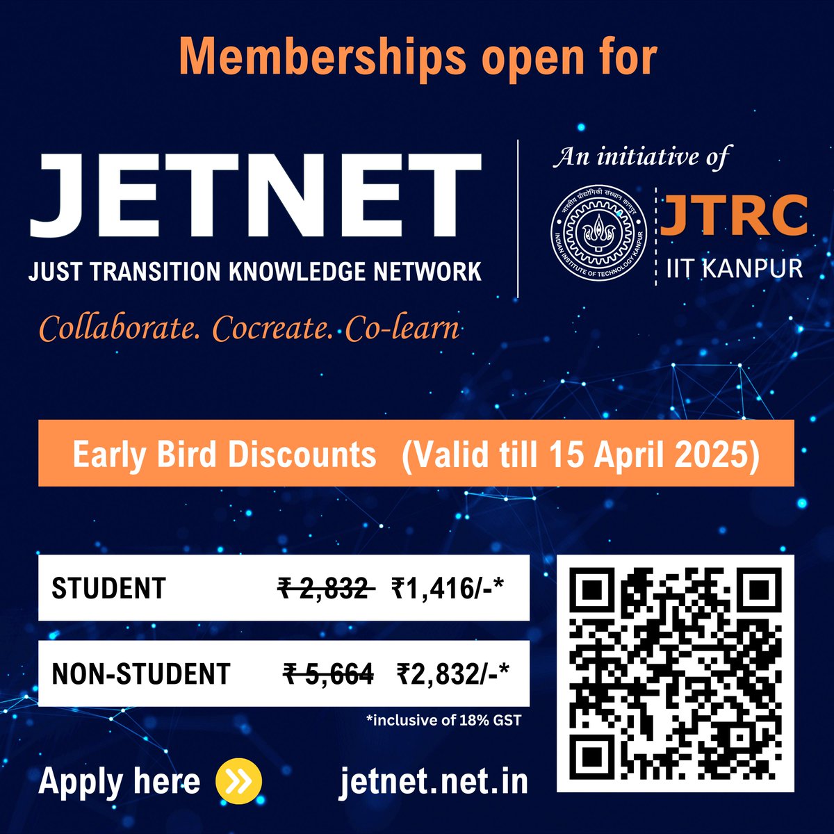 Jtrc_iitkanpur's tweet photo. Become a JETNET member 🌏 

Register now 📢 

Early Bird Offer ending on ❗ 15 April 2025 ❗ 

Explore a host of benefits and JTRC's key resources to accelerate your work in #climatechange and #justtransition!

Apply here: https://t.co/UUEEW7l165 https://t.co/UWiALs1JgW