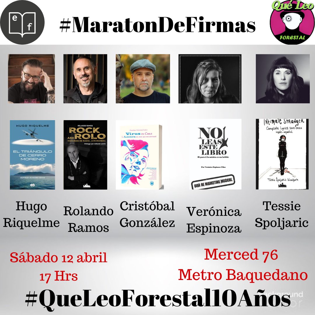 stgoandereditor's tweet photo. Este sábado 12 #MaratónDeFirmas en @QueLeoForestal a las 17 hrs, van Rolando Ramos @roloramosg y su libro #RockAndRolo y Tessie Spoljaric @youarestranger y su libro #IntimateStranger. Estarán junto a @gonzalezlorca76 @ha_riquelme y @veironika 🥳📚🚀🔥
#QueLeoForestal10Años https://t.co/FcOWsqkOhL