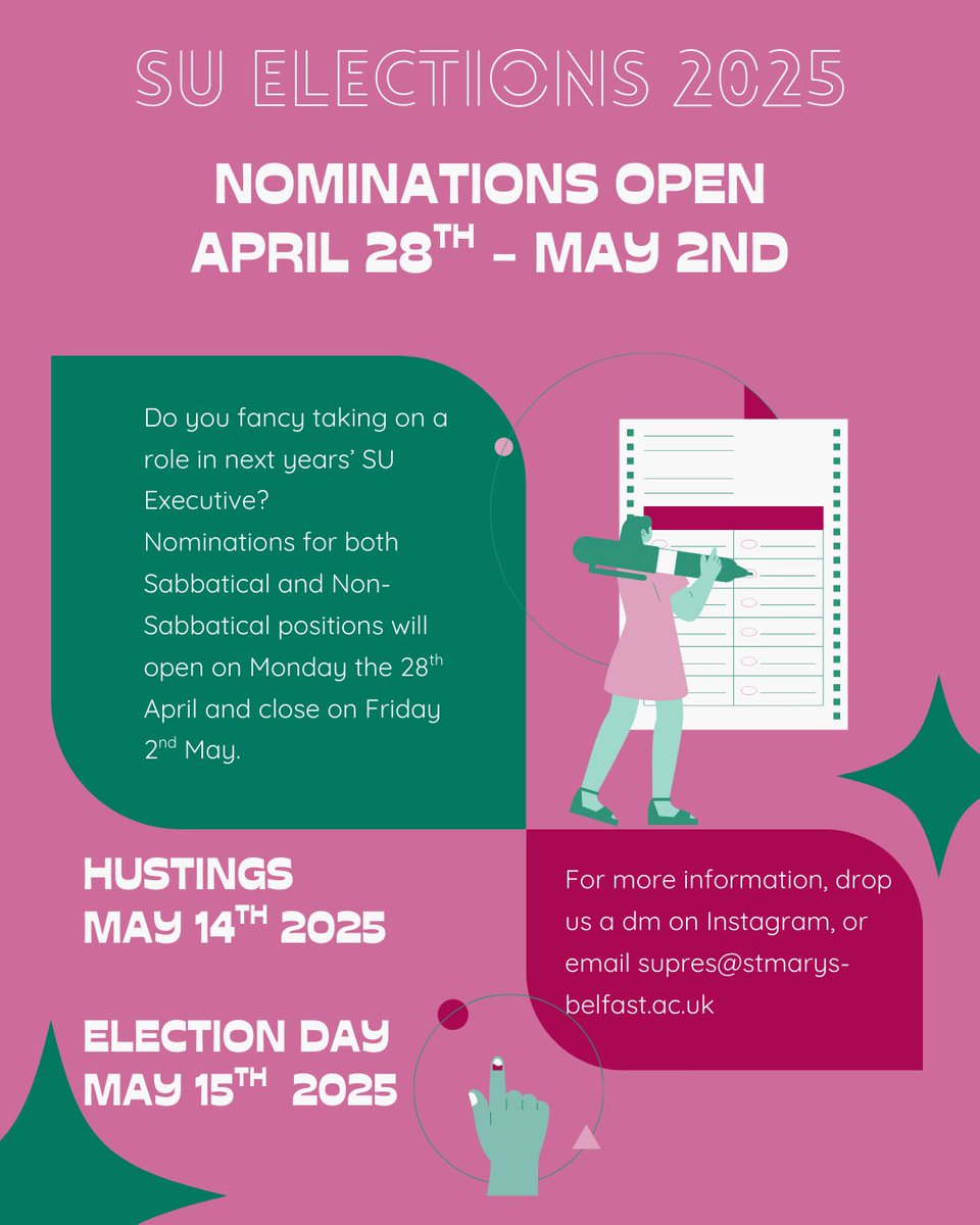 St Mary's SU (@stmarysbelfast) on Twitter photo Can’t believe our time in office is nearly up 😢
Whether you fancy going for a Sabbatical or Non-Sabbatical role, it’s an amazing opportunity to get stuck in and make a difference 💥
Got questions? Slide into our DMs or drop us an email at supres@stmarys-belfast.ac.uk 💌 Can’t believe our time in office is nearly up 😢
Whether you fancy going for a Sabbatical or Non-Sabbatical role, it’s an amazing opportunity to get stuck in and make a difference 💥
Got questions? Slide into our DMs or drop us an email at supres@stmarys-belfast.ac.uk 💌