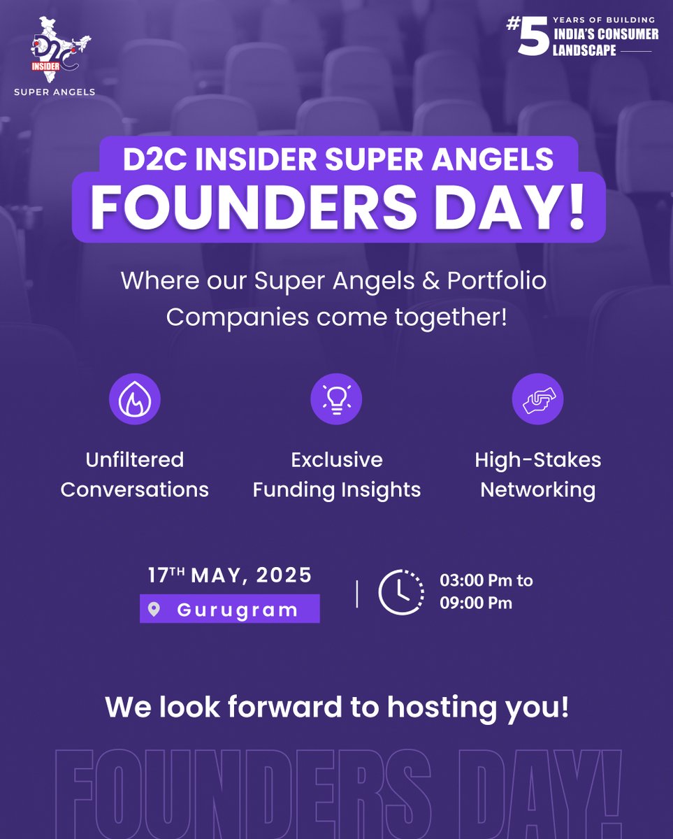 🚀 D2C Insider Super Angels Founders Day!

For the first time, our Super Angels &amp; Portfolio Companies are coming together to exchange ideas, funding insights, and growth strategies. 

📍 Gurugram | 🗓 17th May | 🕒 3 PM - 9 PM

👉 Reserve Your Spot Now - d2ci.co/LP_Meet_Regist…