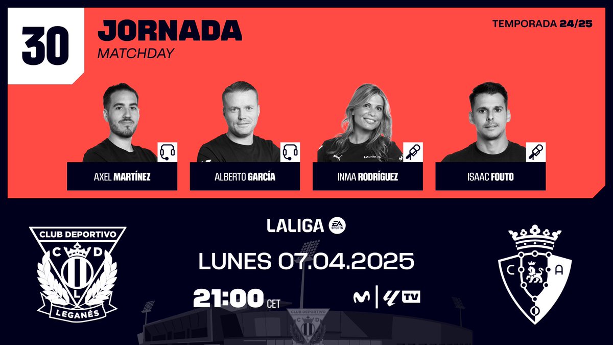 Alberto García (@1alberto_garcia) on Twitter photo ¡ Mucho en juego en Butarque ! 🔥
📌 Esta noche, desde las 20:10h, estaremos en la retransmisión del partido que enfrenta a:
CD Leganés 🆚 CA Osasuna
<a href="/MovistarFutbol/">Fútbol en Movistar Plus+</a> 📺
#InsideLALIGA
#LeganésOsasuna ¡ Mucho en juego en Butarque ! 🔥
📌 Esta noche, desde las 20:10h, estaremos en la retransmisión del partido que enfrenta a:
CD Leganés 🆚 CA Osasuna
<a href="/MovistarFutbol/">Fútbol en Movistar Plus+</a> 📺
#InsideLALIGA
#LeganésOsasuna