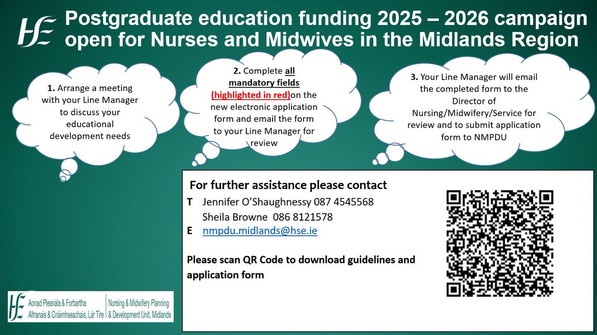 We are delighted to announce we are accepting funding application forms from Nurses and Midwives in the Midlands for Postgraduate Education Programmes due to commence in  2025. Please visit bit.ly/3Ygsqtu to download Guidelines &amp; Application  - closing date 13th June🧑‍🎓