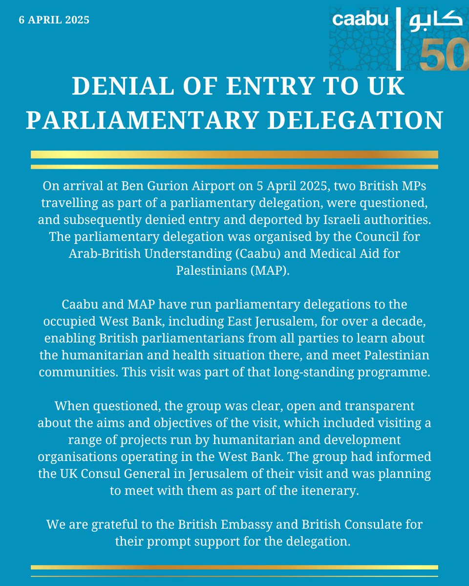 See our statement on a recent denial of entry to a UK Parliamentary delegation:

caabu.org/news/news/deni…