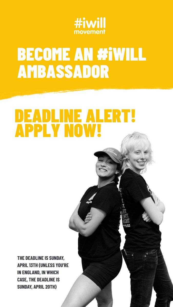 1 week left!! Applications close at midnight on Sunday 13th April. 

Please spread the word to young people passionate about social action and change!

To find out more and apply visit iwill.org.uk/be-an-ambassad…
