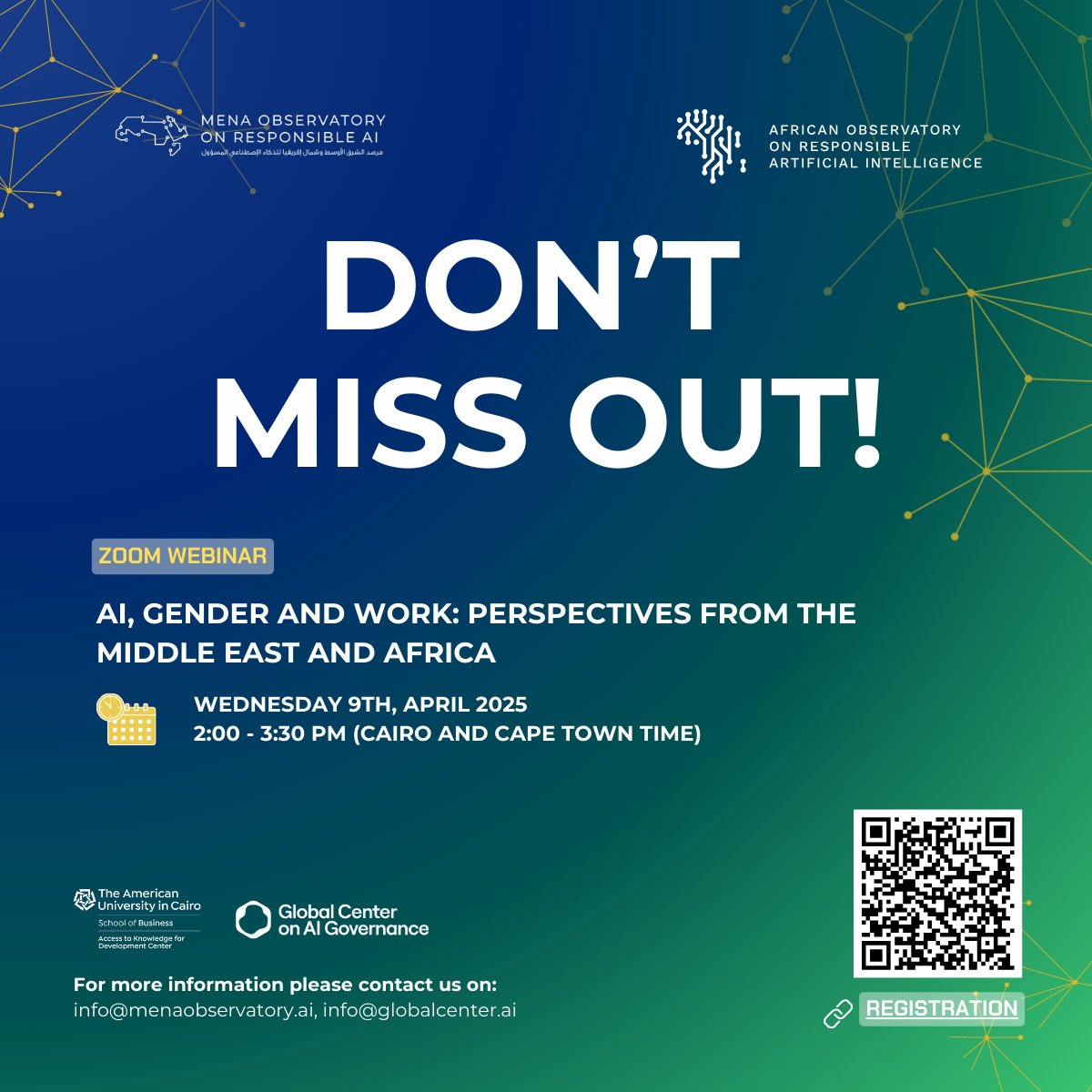 Don't miss out! 

Our next webinar: AI, Gender and Work: Perspectives from MENA and Africa" in collaboration with <a href="/ai_observatory/">African Observatory on Responsible AI</a> 

⏰ April 9th from 2-3:30PM (GMT+2) 

Register here: us06web.zoom.us/meeting/regist… 

#FeministAI #InclusiveAI