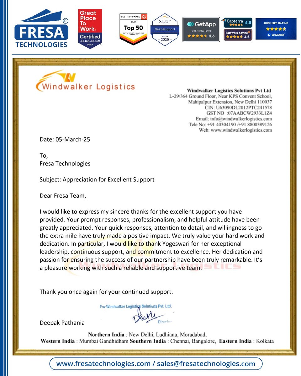 fresatechnology's tweet photo. ✨We are deeply grateful to WINDWALKER LOGISTICS for their kind appreciation letter.
For more queries please visit below link 👇https://t.co/jYG3yiWnG8
#FresaTechnologies | #FresaGoldERP | #CustomerSatisfaction | #CustomerFeedback | #ClientAppreciation | #windwalker https://t.co/3CbGkeBpQ8