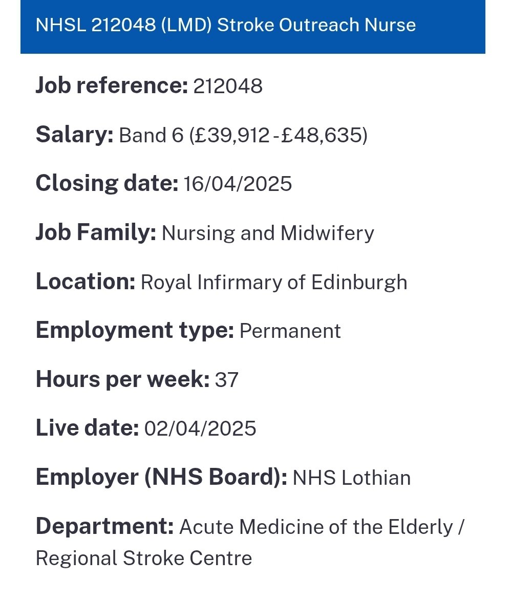 Chris Findlay (@cnmchris1975) on Twitter photo Fantastic opportunity to join our amazing <a href="/RIEHASU/">RIEHASU</a> team as a Stroke Outreach Nurse here <a href="/RIE_Lothian/">Royal Infirmary of Edinburgh</a>.
For more information, contact <a href="/Z1Nurse/">NurseZ1</a> / zara.tumblety@nhs.scot or DM here or contact me chris.findlay@nhs.scot
<a href="/PeterJa86236502/">michelle Jack</a> <a href="/gillian_mcauley/">Gillian McAuley 💜</a> #thinkfast #stroke Fantastic opportunity to join our amazing <a href="/RIEHASU/">RIEHASU</a> team as a Stroke Outreach Nurse here <a href="/RIE_Lothian/">Royal Infirmary of Edinburgh</a>.
For more information, contact <a href="/Z1Nurse/">NurseZ1</a> / zara.tumblety@nhs.scot or DM here or contact me chris.findlay@nhs.scot
<a href="/PeterJa86236502/">michelle Jack</a> <a href="/gillian_mcauley/">Gillian McAuley 💜</a> #thinkfast #stroke