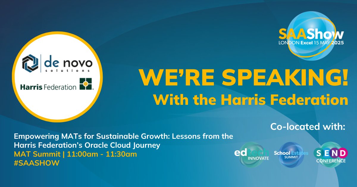 We’re heading to the #SAAShow!
15 May | ExCeL London | Stand F12

Don't miss our session with <a href="/HarrisFed/">Harris Federation</a> at 11AM in the MAT Summit to hear how <a href="/OracleCloud/">Oracle Cloud</a> is powering smarter #Finance, #HR &amp; #Payroll across its 50+ academies!  

Register here:  bit.ly/3xfhi5E