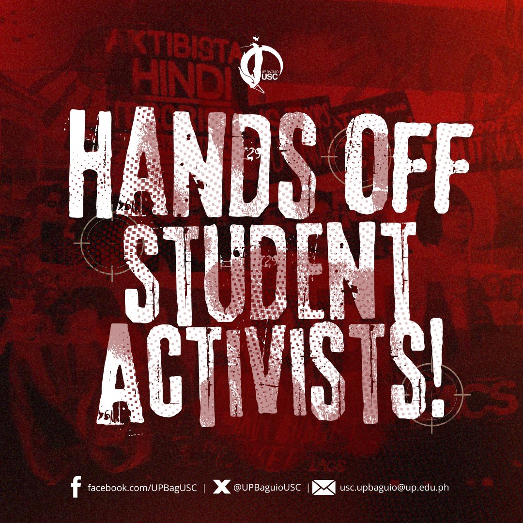 UPBaguioUSC's tweet photo. #HandsOffStudentActivists | 4 UP Baguio Student Leaders, face surveillance and red-tagging
From January to March of 2025, the UP Baguio University Student Council through the Nationalist Corps Desk Committee received reports of surveillance from 4 student leaders
#DefendUP https://t.co/Dk9ZgTHUnJ