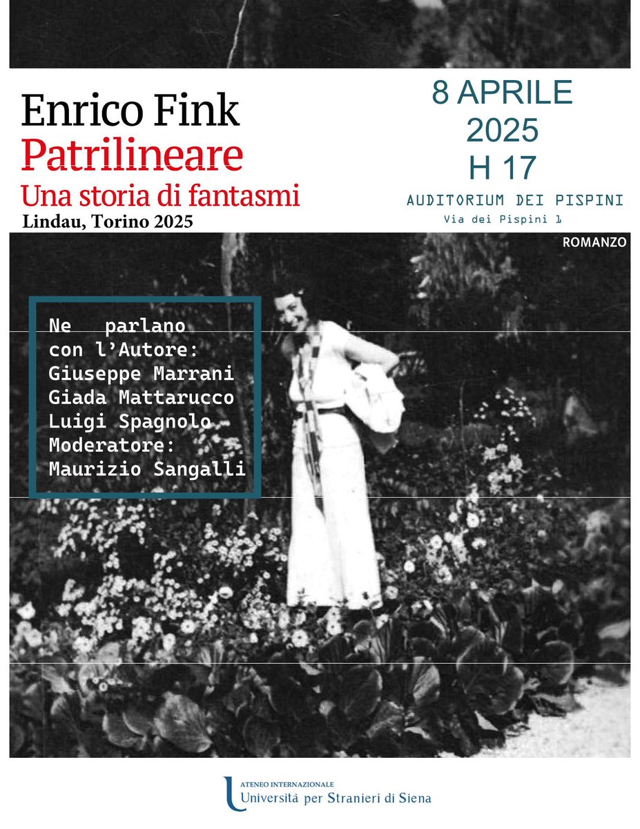 Domani a Siena, via dei Pispini 1, auditorium Università per Stranieri, alle 17, presentazione del libro di <a href="/enricofink/">enrico fink</a> 'Patrilineare. Una storia di fantasmi', <a href="/EdizioniLindau/">Edizioni Lindau</a>. Partecipate numerosi, è un bel libro, e un libro 'necessario' in momenti come questi! <a href="/UniStraSiena/">Università per Stranieri di Siena</a>