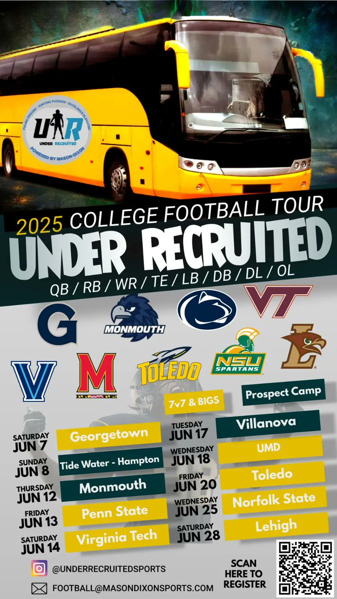 Ready to GET RECRUITED?
The 2025 Under Recruited College Football Tour is coming!
Tag a teammate  who who  NEEDS to be on this bus!

 <a href="/pennstatefball/">Penn State Football</a> <a href="/terpsfootball/">Maryland Football</a> <a href="/hokiesfb/">Virginia Tech Football</a> <a href="/toledofootball/">toledo football</a> <a href="/lehighfootball/">Lehigh Football</a> <a href="/nsuspartans/">Norfolk State Athletics</a>
@georgetownfootball @villanovafootball @monmouthfball