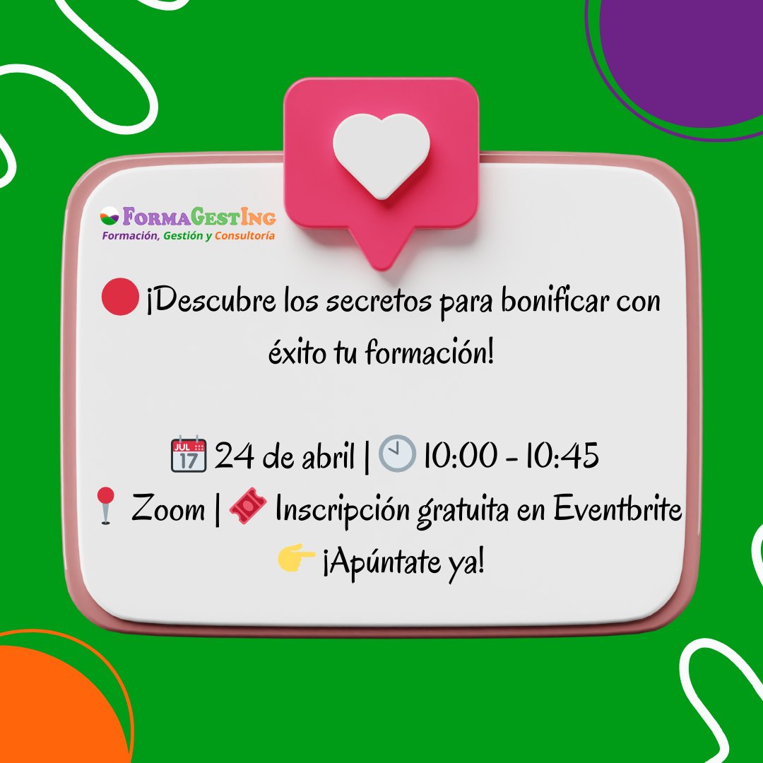 formagesting's tweet photo. 🎓 ¡Webinar gratuito!

👉 “Descubre los secretos para bonificar con éxito tu formación”

🗓️ 24 de abril
⏰ 10:00 - 10:45
💻 Zoom

🔗 No pierdas tu plaza → https://t.co/MUDF3a0Jt1

#Webinar #FormaciónBonificada #Fundae #Formagesting https://t.co/IjbSsxwY1G