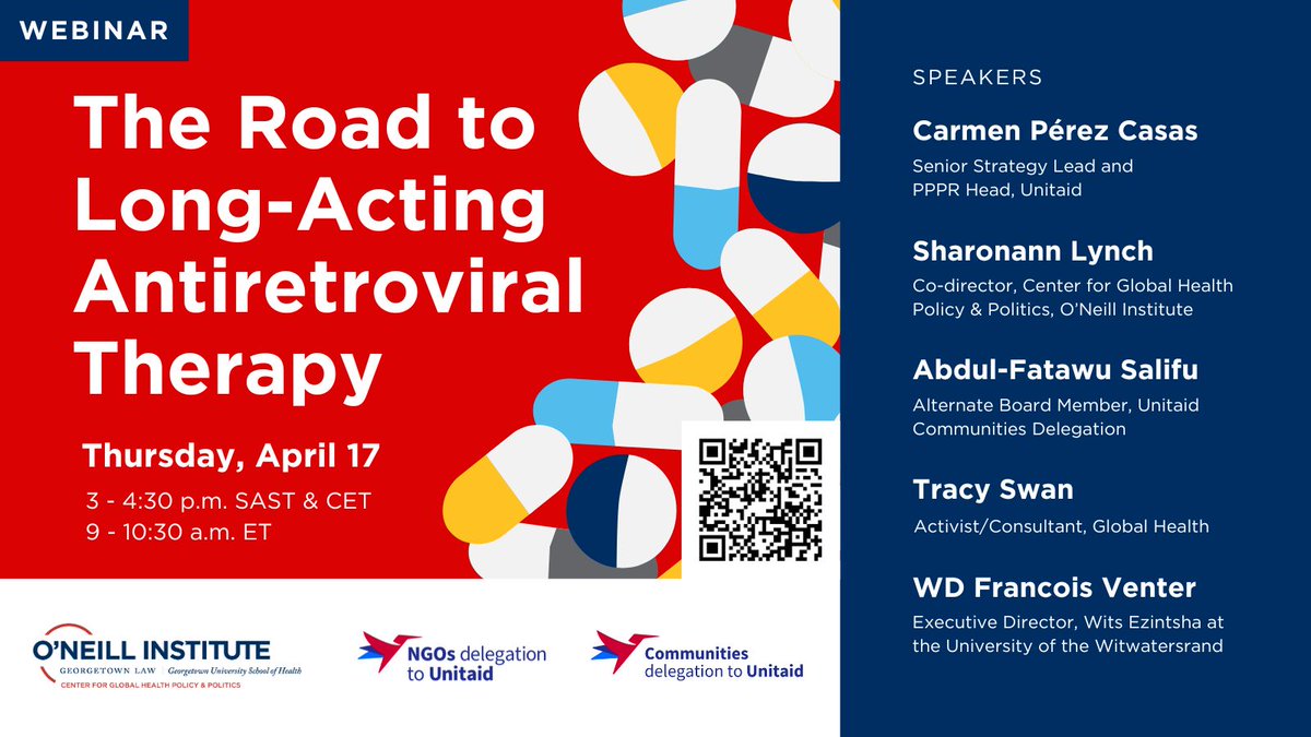 UNITAID NGOs (@unitaid_ngos) on Twitter photo 🔊Reminder to sign up below for our upcoming webinar with <a href="/UTDCommunities/">Unitaid Communities</a> <a href="/oneillinstitute/">O'Neill Institute</a> on 'The Road to Long-Acting Antiretroviral Therapy'
Thursday 17 April
3-4:30pm SAST & CET
georgetown.zoom.us/webinar/regist… 🔊Reminder to sign up below for our upcoming webinar with <a href="/UTDCommunities/">Unitaid Communities</a> <a href="/oneillinstitute/">O'Neill Institute</a> on 'The Road to Long-Acting Antiretroviral Therapy'
Thursday 17 April
3-4:30pm SAST & CET
georgetown.zoom.us/webinar/regist…