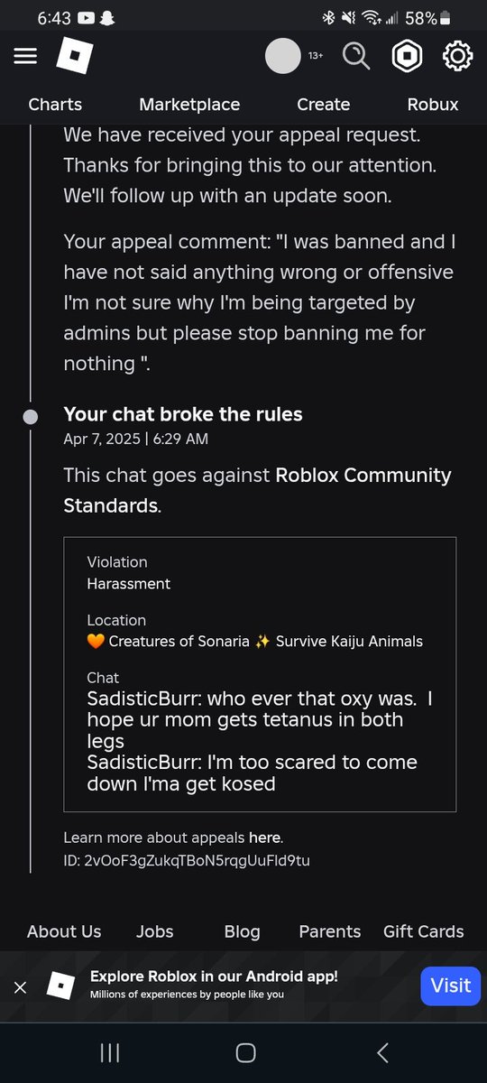 MrSadist5's tweet photo. @Roblox  your game is unfairly banning people. https://t.co/1zNttVIOsR