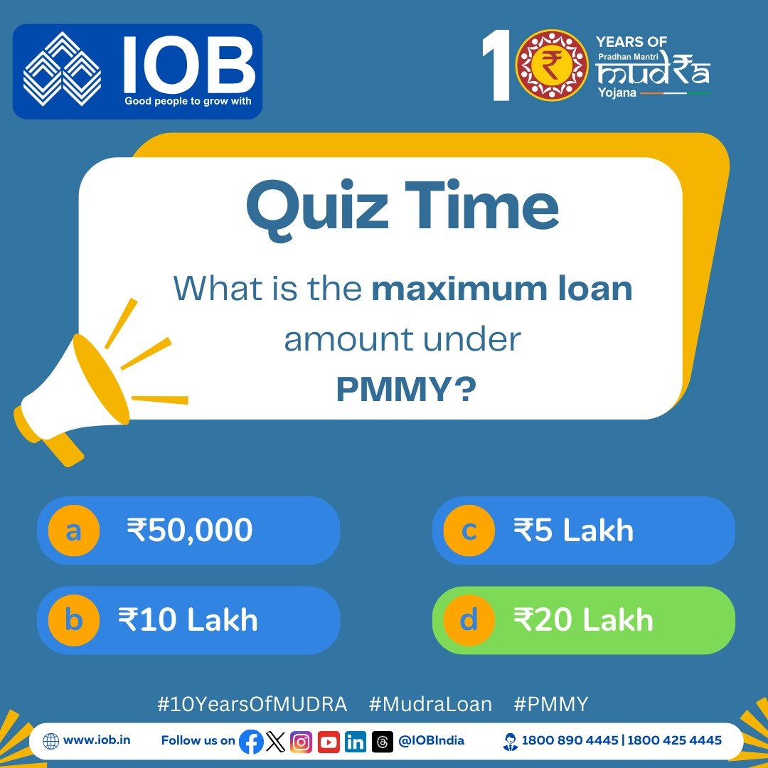 IOBIndia's tweet photo. Under PMMY, eligible borrowers can avail loans up to ₹20 lakh, a powerful boost for small businesses across India.
 With IOB, your growth journey is in trusted hands.
@DFS_India

#IOB #10YearsOfMUDRA #PMMY #IOBCares #BusinessWithIOB #Goodpeopletogrowwith #rbi #dfs https://t.co/U4DjZUgJMV