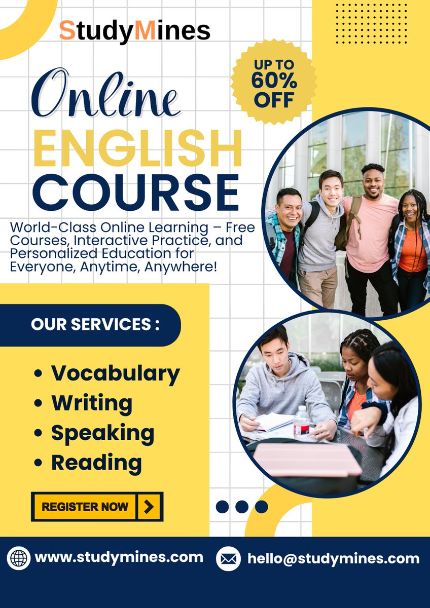 studymines_app's tweet photo. 📢 60% OFF our Online English Course!
Learn anytime, anywhere — and start speaking with confidence. 💻🗣️
Don’t miss this limited-time offer!
#OnlineEnglishCourse #SpeakFluently #EnglishSale
#LearnEnglishOnline #FluencyGoals #60Off #SpeakEnglishConfidently #EnglishLearning https://t.co/tZ3OomoDHn