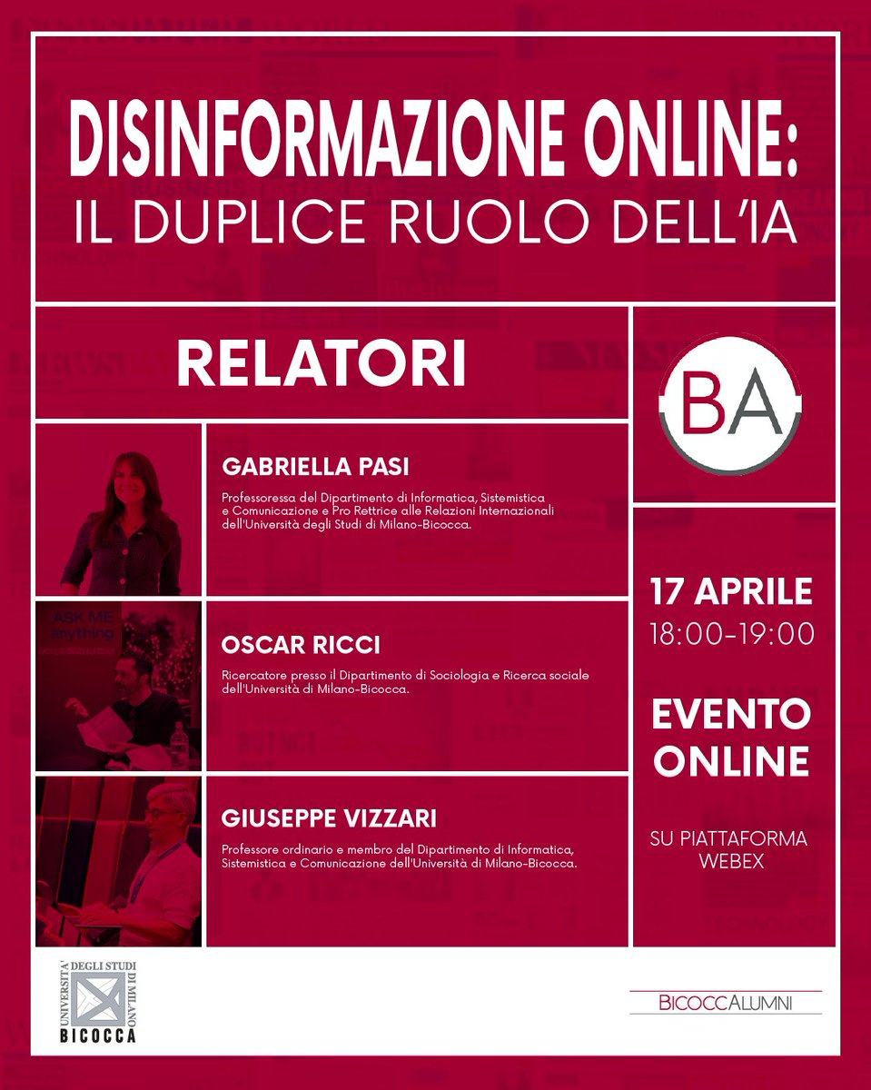 BicoccAlumni (@bicoccalumni) on Twitter photo 🧠🤖 Disinformazione online: il duplice ruolo dell’AI
📅 17 aprile 2025 | 🕕 18:00 | 💻 Webinar
AI: minaccia o alleata contro i contenuti falsi?
Un dialogo tra esperti su verità, tecnologia e percezione.
#BicoccAlumni #AI #disinformazione #webinar #unimib <a href="/unimib/">Università degli Studi di Milano-Bicocca</a> 🧠🤖 Disinformazione online: il duplice ruolo dell’AI
📅 17 aprile 2025 | 🕕 18:00 | 💻 Webinar
AI: minaccia o alleata contro i contenuti falsi?
Un dialogo tra esperti su verità, tecnologia e percezione.
#BicoccAlumni #AI #disinformazione #webinar #unimib <a href="/unimib/">Università degli Studi di Milano-Bicocca</a>
