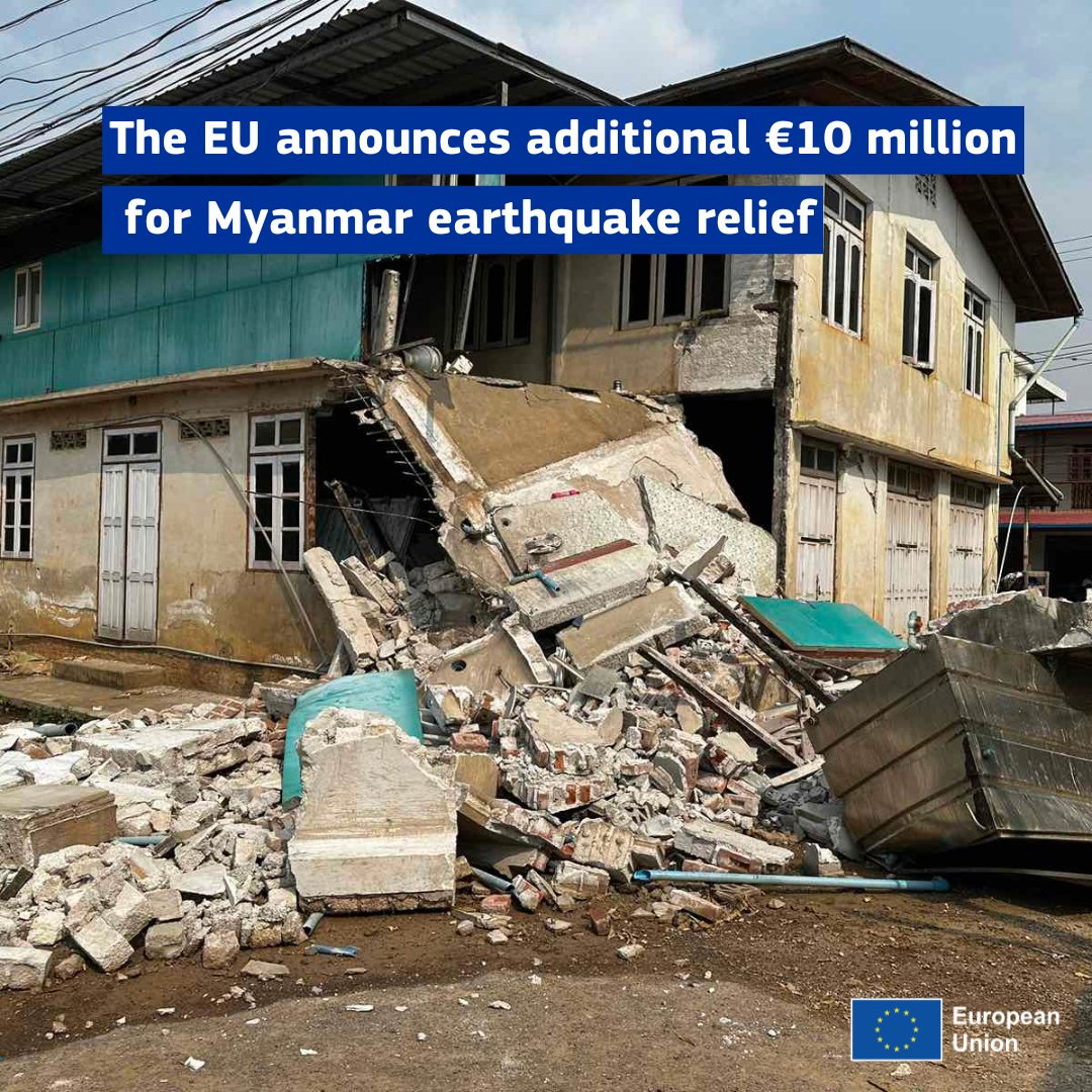 In response to the 7.7 magnitude earthquake in Myanmar, the EU is allocating an additional €10 million in humanitarian aid to support those affected:

🏚️ Emergency shelter
💉 Medical care
💧 Clean water
🚰 Sanitation
👨‍👩‍👧‍👦Family reunification support

More: europa.eu/!vNvbQx