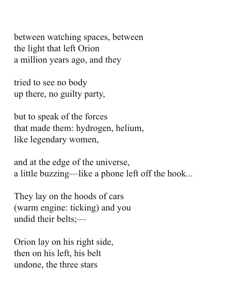 simeonberry's tweet photo. “When they took you out, / you would push the buttons of their jeans / with your thumb // and the stars stretched in Orion’s belt / like the three mysteries at the start of time.” —Brenda Hillman, “Orion’s Belt” @weslpress https://t.co/pdQqG6L5TH