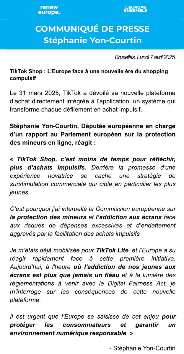 🚨 TikTok Shop : une nouvelle plateforme e-commerce qui facilite les achats impulsifs. 

Mais quels sont les risques pour les mineurs ? 

J’ai interpellé la <a href="/EU_Commission/">European Commission</a>  à ce sujet 👇