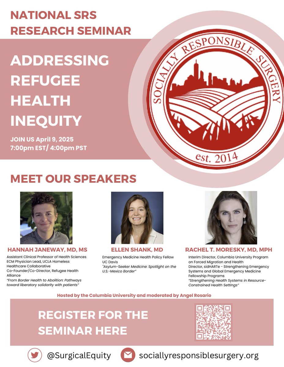 SurgicalEquity's tweet image. Register now for the next research seminar exploring refugee health with guest speakers Dr. Ellen Shank, Dr. Hannah Janeway, and Dr. Rachel Moresky. Hosted in conjunction with Columbia. Hope to see you all there for this very timely discussion!
Link: bostonu.zoom.us/meeting/regist…