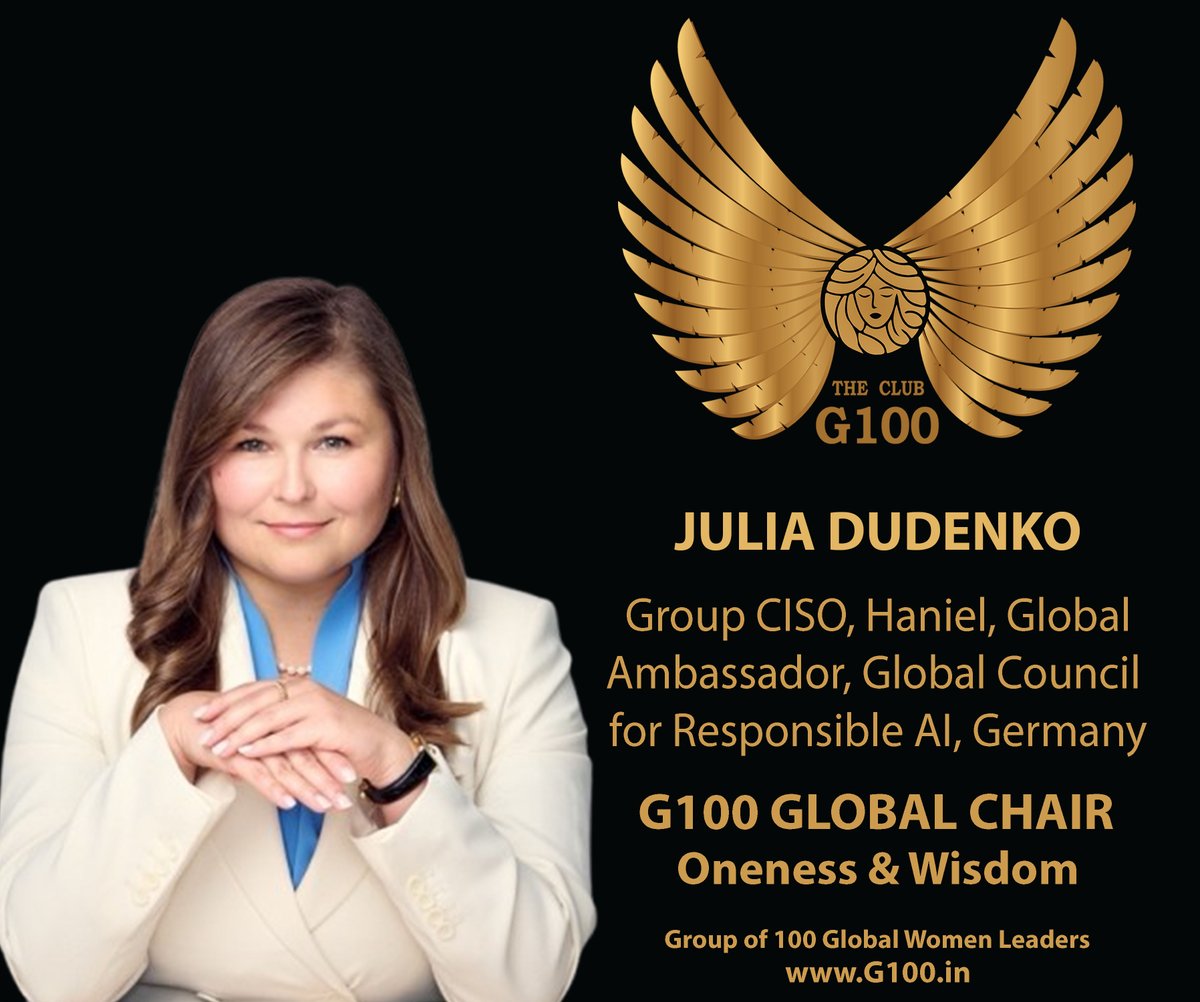 G100 (@g100wefleaders) on Twitter photo Welcoming Julia Dudenko. Julia Dudenko, Group CISO, Haniel, Global Ambassador for the Global Council for Responsible AI (Germany), and Chair of Oneness and Wisdom, is a visionary leader at the intersection of cybersecurity, digital transformation, and global unity. #G100 Welcoming Julia Dudenko. Julia Dudenko, Group CISO, Haniel, Global Ambassador for the Global Council for Responsible AI (Germany), and Chair of Oneness and Wisdom, is a visionary leader at the intersection of cybersecurity, digital transformation, and global unity. #G100