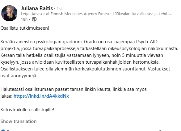 PsychAID's tweet photo. 📢 Study participants needed! Do you speak Finnish and hold a masters degree? Help us investigate the factors influencing asylum decision-making by answering researcher Juliana Raitis' questionnaire. Participating takes no more than 5 minutes! https://t.co/Ie6pT9OIuK https://t.co/7eTUOboznw
