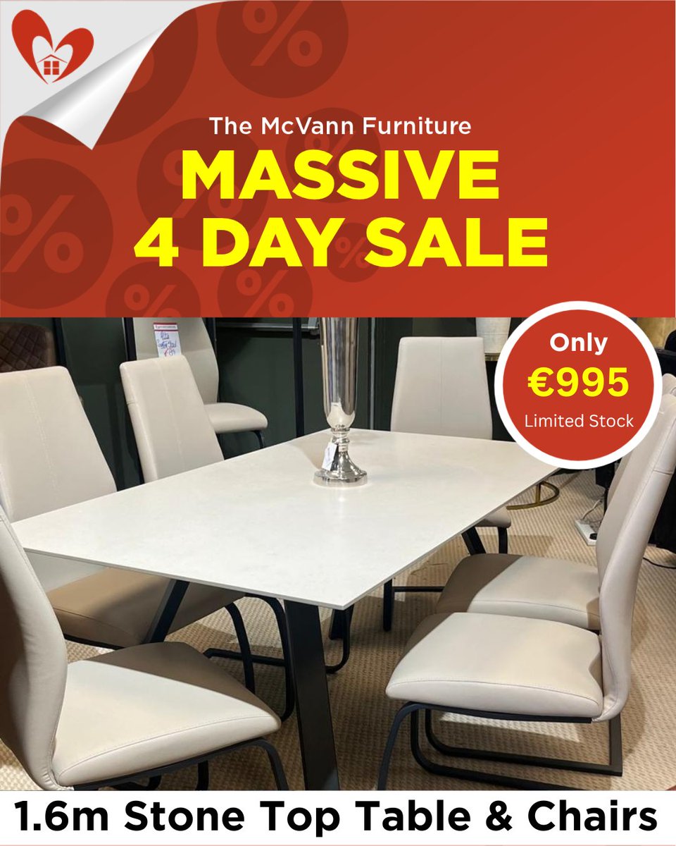 🔥The McVann Furniture Massive 4 Day Sale Starts This Thursday @ 9.30am. Everything Reduced. ‍🔥

The stunning stone top 1.6m dining table with 6 taupe chairs - Only €995

Stone top table
Black stylish legs
Cantilever style chairs

#shoplocal #sale #furnituresale #clearance