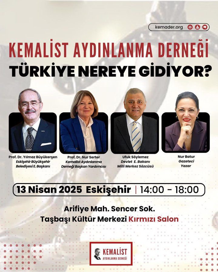 Kemalist Aydınlanma Derneği tarafından düzenlenen "Türkiye Nereye Gidiyor?" panelinde ülkemizin içinde bulunduğu durumu ve aydınlık yarınlara ulaşabilmek için önerilerimizi konuşacağız.

Tüm Eskişehirlileri bekliyoruz.
