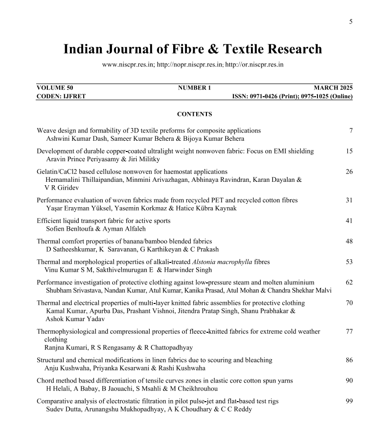 CSIR_NIScPR's tweet image. The March 2025 issue of the Indian Journal of Fibre &amp;amp; Textile Research @CSIR_NIScPR is here. 
Explore recent studies on 3D textile preforms, EMI shielding fabrics, haemostatic nonwovens etc.

Read: nopr.niscpr.res.in/handle/1234567…

#TextileResearch #IJFTR @MonikaJaggi3