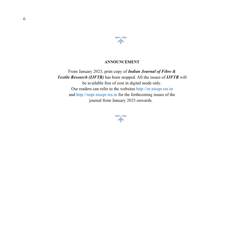CSIR_NIScPR's tweet image. The March 2025 issue of the Indian Journal of Fibre &amp;amp; Textile Research @CSIR_NIScPR is here. 
Explore recent studies on 3D textile preforms, EMI shielding fabrics, haemostatic nonwovens etc.

Read: nopr.niscpr.res.in/handle/1234567…

#TextileResearch #IJFTR @MonikaJaggi3