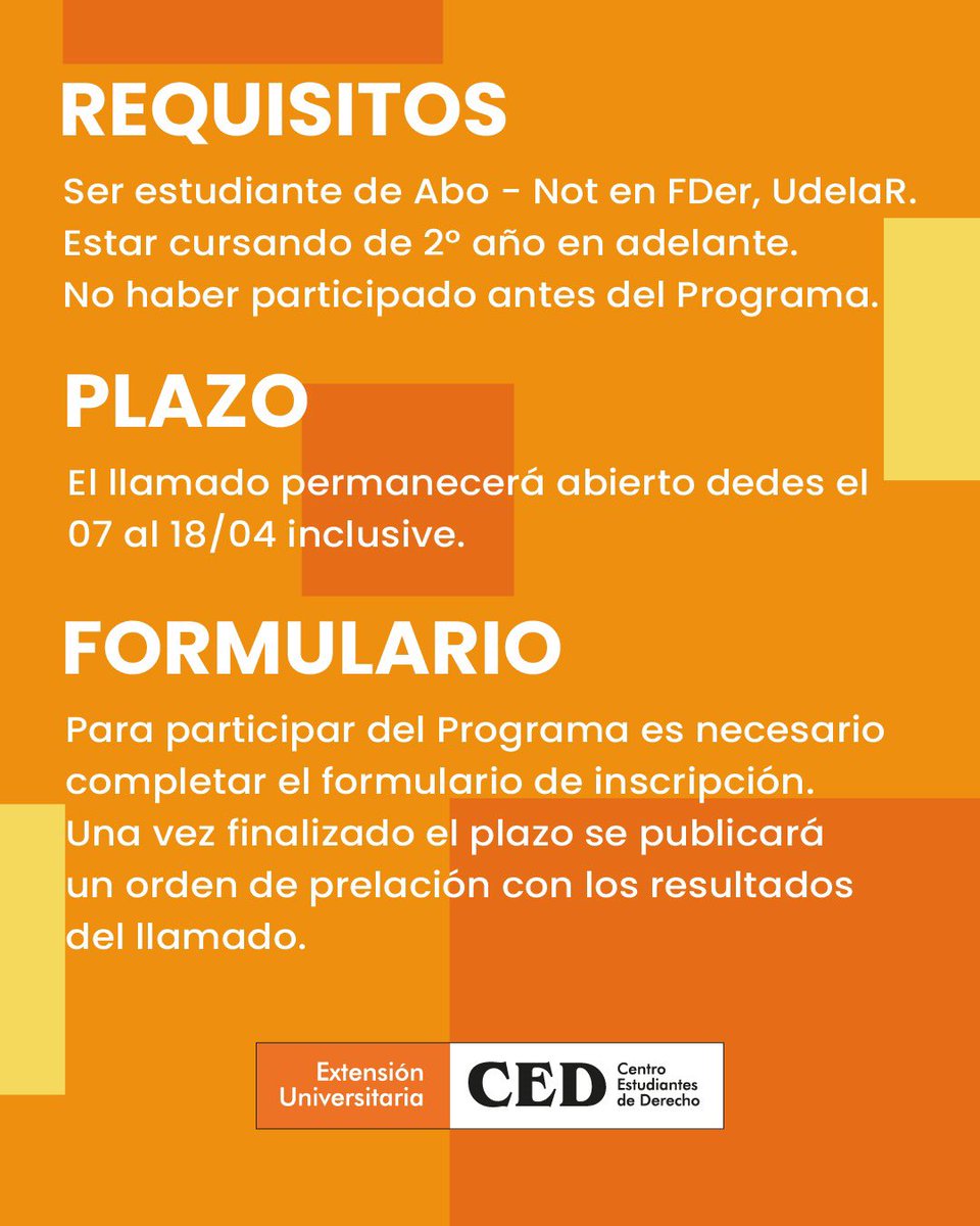 LLAMADO A ESTUDIANTES PARA PARTICIPAR DEL PROGRAMA DE CONSULTORIOS JURÍDICOS BARRIALES GRATUITOS DEL CED 

El llamado permanecerá abierto hasta el día 18 de abril. En las imágenes podés leer los requisitos para participar ⏩️

Link de inscripción: surl.li/wqduvp