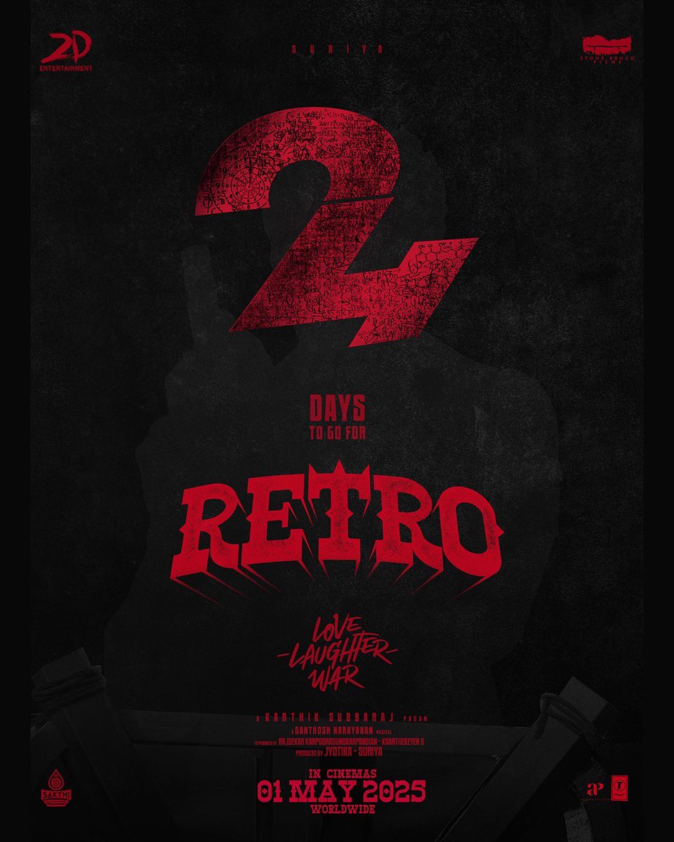 Saravanaravikumar (@saravanaspb) on Twitter photo 24 days to go for Retro…
Time’s ticking, love’s brewing, laughter’s echoing — war is coming ❤️🔥
#RetroFromMay1 #LoveLaughterWar
#Jyotika <a href="/Suriya_offl/">Suriya Sivakumar</a> <a href="/karthiksubbaraj/">karthik subbaraj</a> <a href="/hegdepooja/">Pooja Hegde</a> <a href="/Music_Santhosh/">Santhosh Narayanan</a> <a href="/prakashraaj/">Prakash Raj</a> <a href="/C_I_N_E_M_A_A/">joju george</a> <a href="/rajsekarpandian/">Rajsekar Pandian</a> <a href="/kaarthekeyens/">Kaarthekeyen S</a> <a href="/kshreyaas/">shreyaas krishna</a> <a href="/cheps911/">shafique mohamed ali</a> 24 days to go for Retro…
Time’s ticking, love’s brewing, laughter’s echoing — war is coming ❤️🔥
#RetroFromMay1 #LoveLaughterWar
#Jyotika <a href="/Suriya_offl/">Suriya Sivakumar</a> <a href="/karthiksubbaraj/">karthik subbaraj</a> <a href="/hegdepooja/">Pooja Hegde</a> <a href="/Music_Santhosh/">Santhosh Narayanan</a> <a href="/prakashraaj/">Prakash Raj</a> <a href="/C_I_N_E_M_A_A/">joju george</a> <a href="/rajsekarpandian/">Rajsekar Pandian</a> <a href="/kaarthekeyens/">Kaarthekeyen S</a> <a href="/kshreyaas/">shreyaas krishna</a> <a href="/cheps911/">shafique mohamed ali</a>