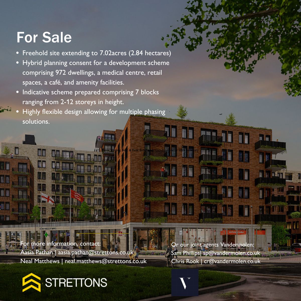 Strettons’ Land Team are delighted to launch the sale of 7.02 acre freehold residential-led development site in central Romford, RM7 0AE on behalf of Joint Fixed Charge Receivers.  
 
For further information-
aasia.pathan@strettons.co.uk or our joint agents Vandermolen.