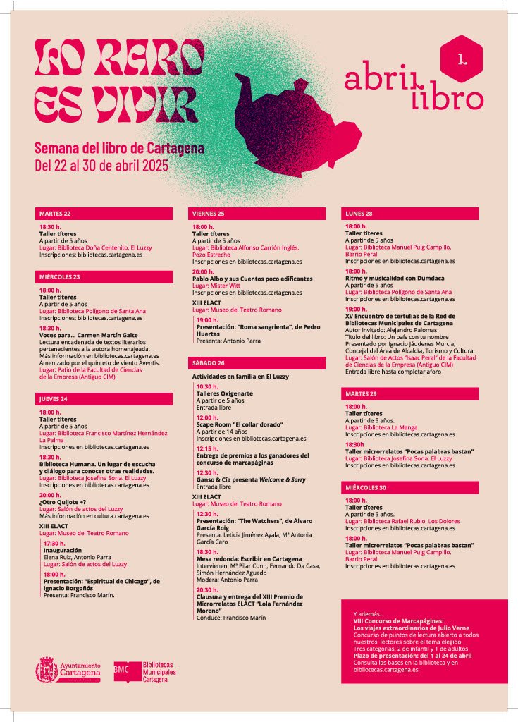 ⌛Cuenta atrás para AbrirLibro📚, la Semana del Libro en #Cartagena.

✅Ya puedes inscribirte gratuitamente a las actividades organizadas por el Ayuntamiento: talleres infantiles, planes familiares y mucho más.

🌐Toda la información en cartagena.es/detalle_notici…